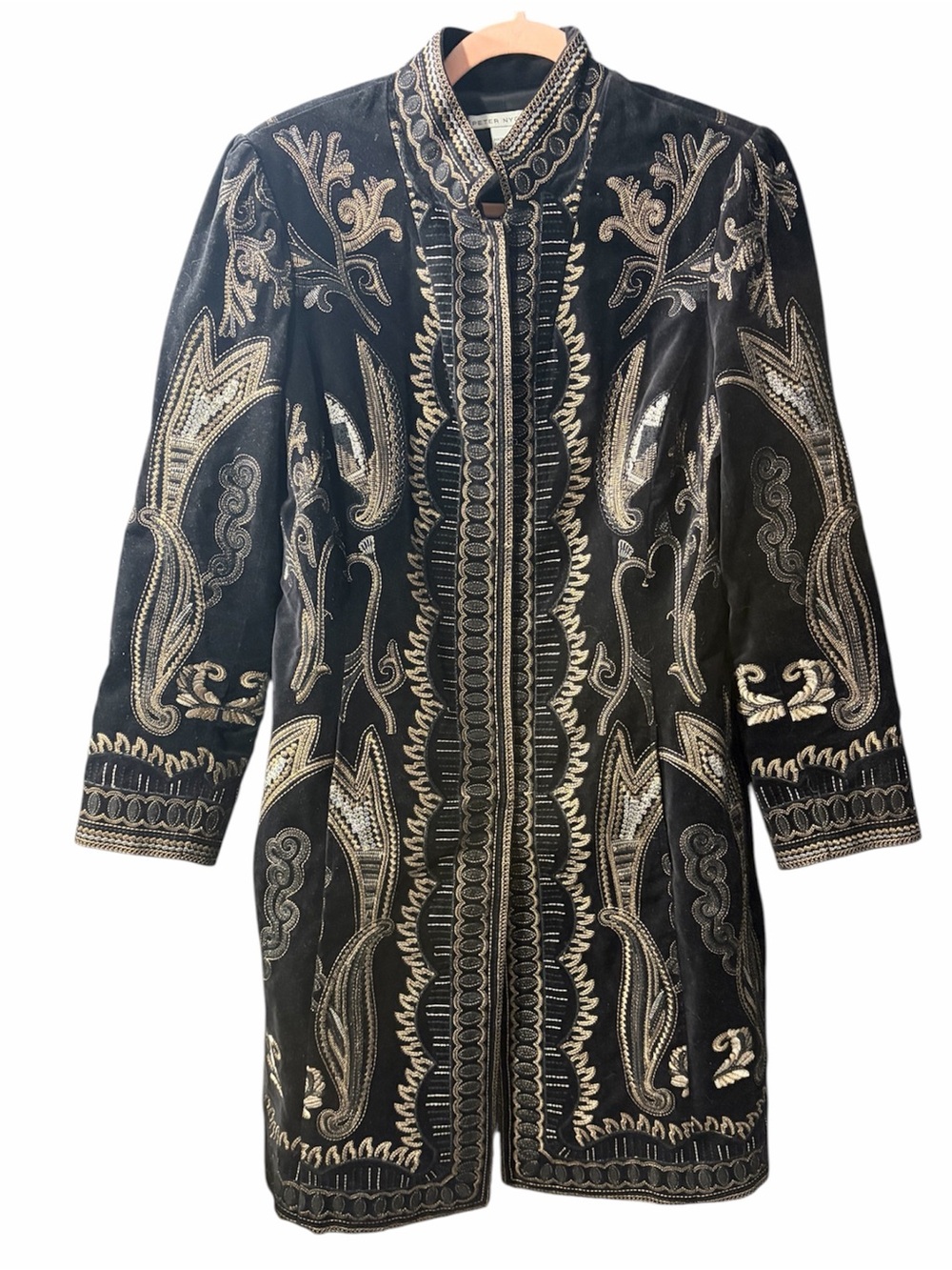 Peter Nygard Black Vintage Velvet Coat with Embroidery 100% Cotton